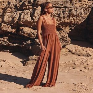 Free People Beach Homecoming Wide-leg Jumpsuit Cinnamon Size Small Petite
